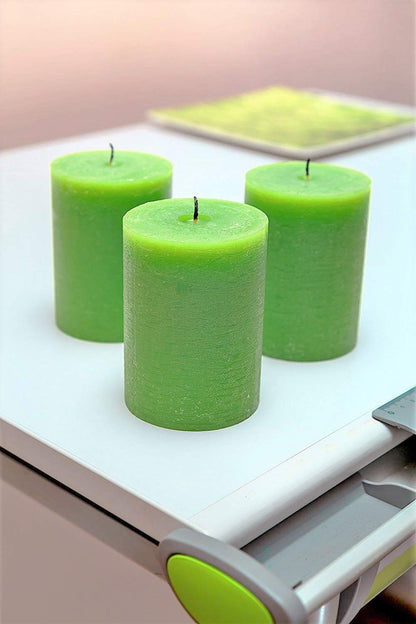 Melt Candle Company Set of 3 Pillar Candles 3" x 4" Unscented Handpoured Weddings, Home Decoration, Restaurants, Spa, Church Smokeless Cotton Wick - Green