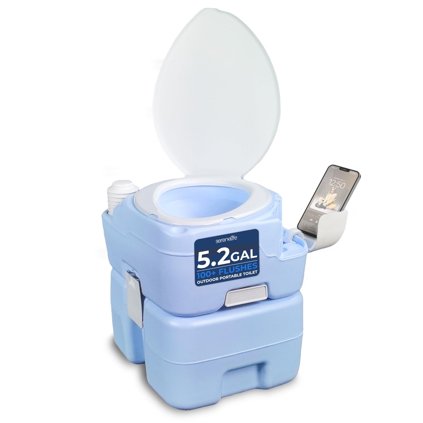 SereneLife 5.3 Gal Portable Camping Toilet For Adults, 100+ Flushes Porta Potty Camp Toilet with Phone Holder, Hand Sprayer, Extra Large Seat, Detachable Waste Tank, For Camping, Hiking, and Boating