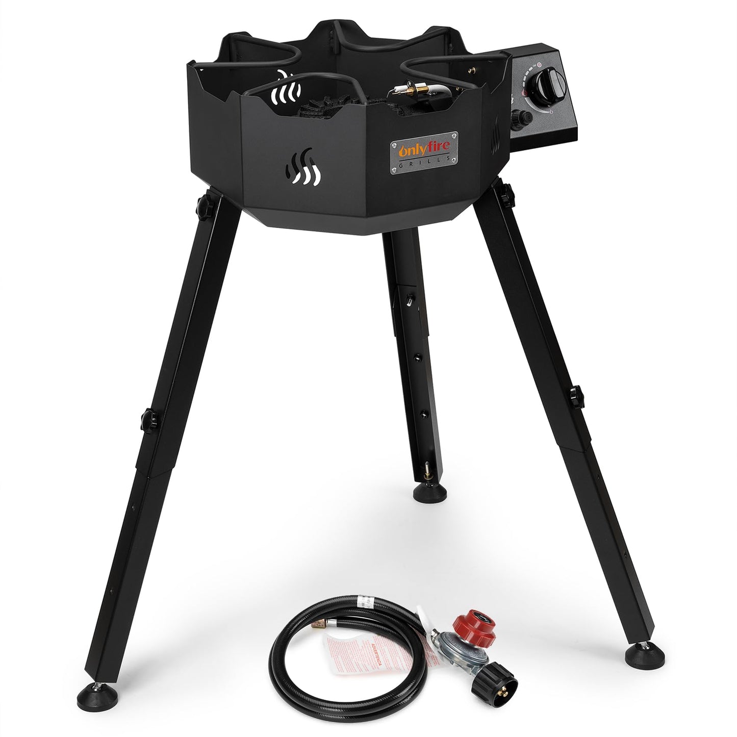 ONLYFIRE GRILLS Portable Gas Burner with Adjustable Removable Legs, Propane Camping Stove for Backyard RV Tailgating Outdoor Cooking, for Wok, Skillet, Frying Pan, Pot, 4FT Hose, 65000BTU, GS301
