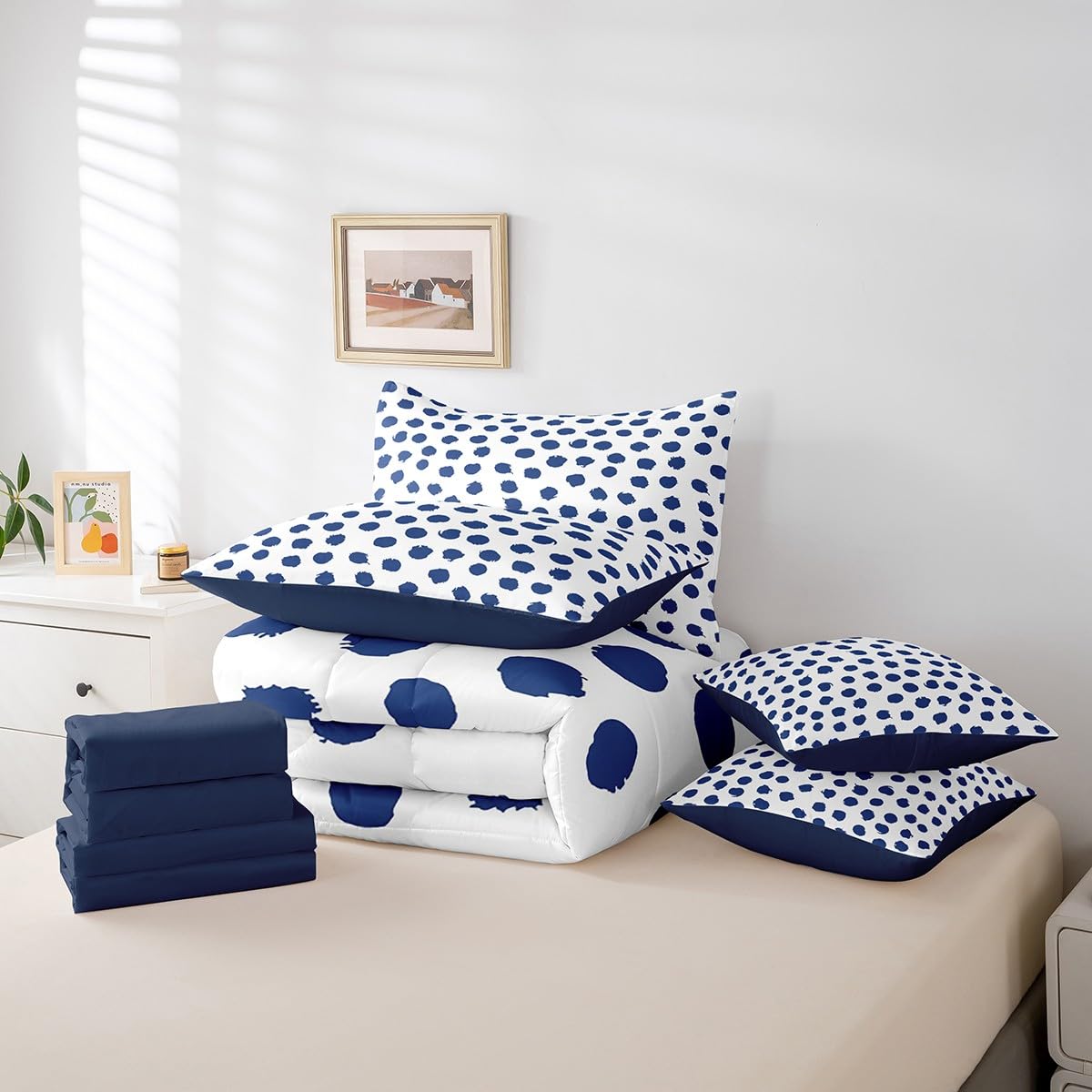 Erosebridal Boys Dots Bed in A Bag 7 Pcs Twin Size Polka Geometric Bed Set for Kids Men Brush Stroke Boho White Navy Blue Comforter Set Lightweight Sheet Set