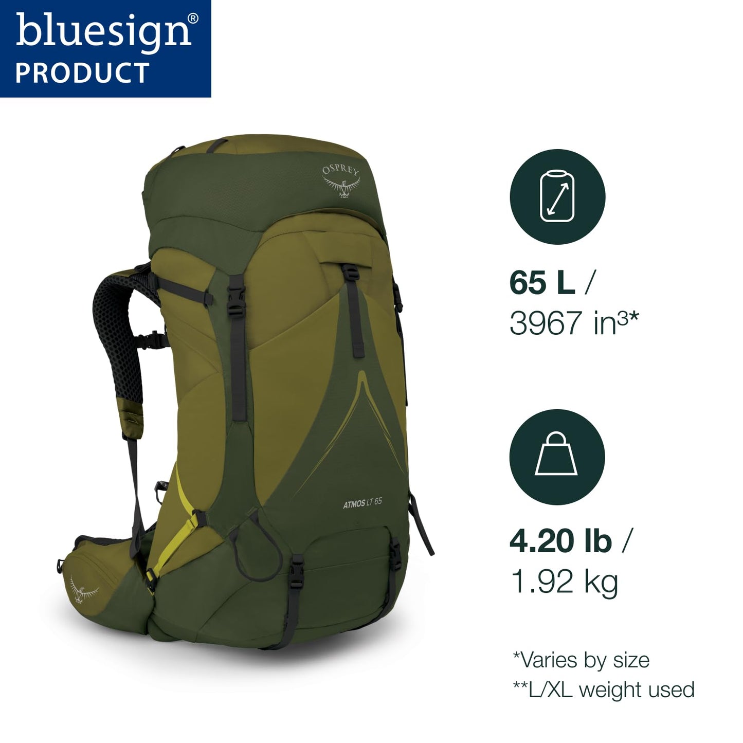 Osprey Atmos AG LT 65L Men's Backpacking Backpack, Night Shift/Scoria Blue, L/XL