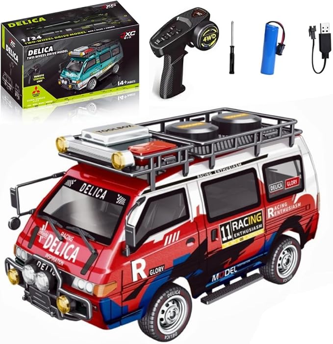 1:24 Scale RC Delica Van with Gearbox &amp Headlights 2.4Ghz Full Proportional 4WD RC Model Vehicle Remote Control Car for Adults &amp Hobbyists