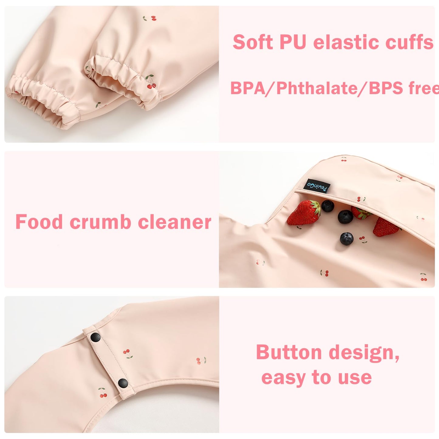 PewinGo Baby Bibs with Long Sleeve Bib & BLW, Coverall Bibs for Baby Feeding, PU Soft and Skin-Friendly Material, Machine Washable, Waterproof and Easy to Clean, Baby Infant Toddlers (Pink)