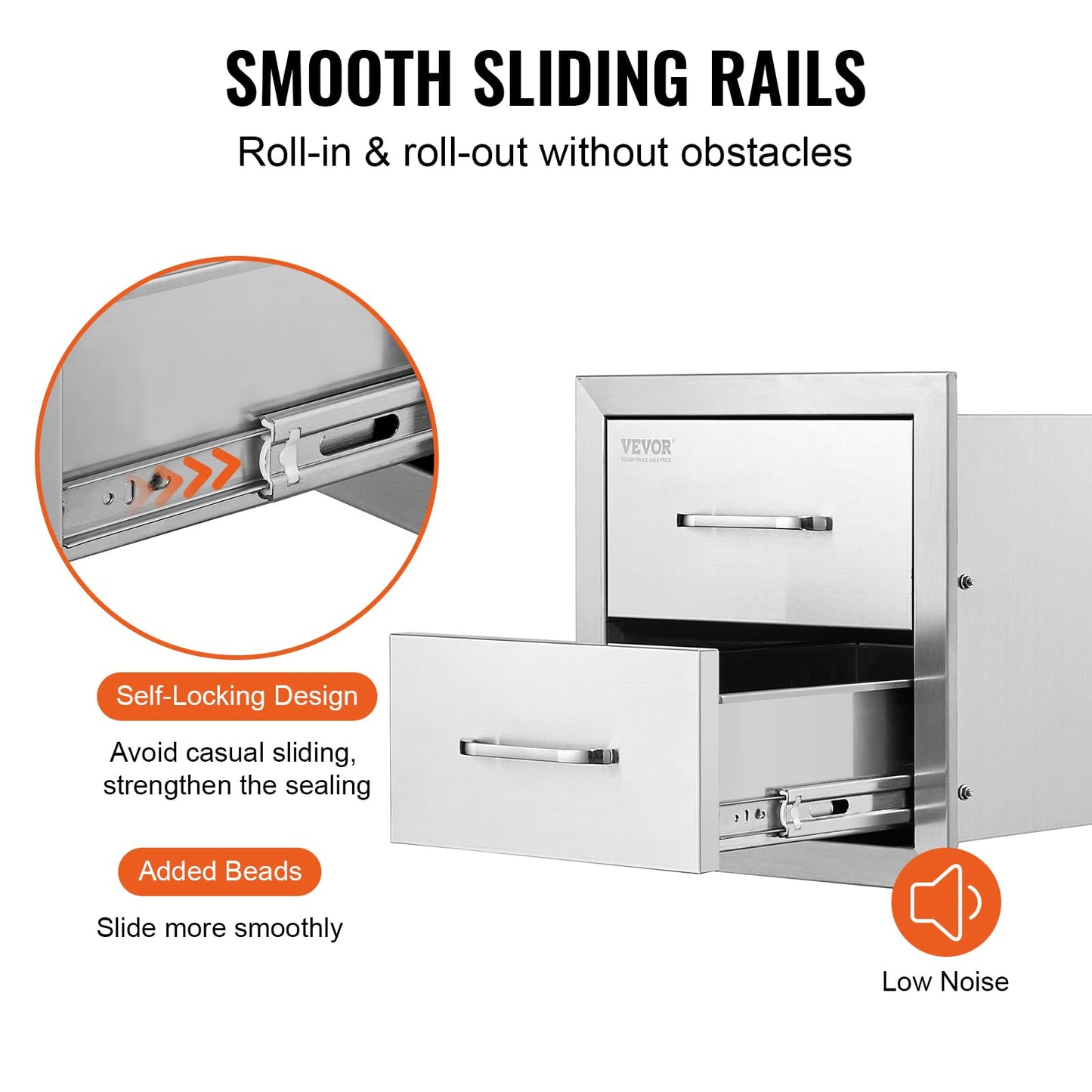 VEVOR Outdoor Kitchen Cabinets 14W x 14.3H x 23D Inch, BBQ Island Drawers Stainless Steel, Flush Mount Double with Handle, BBQ Island for Outdoor Kitchens or Grill Station