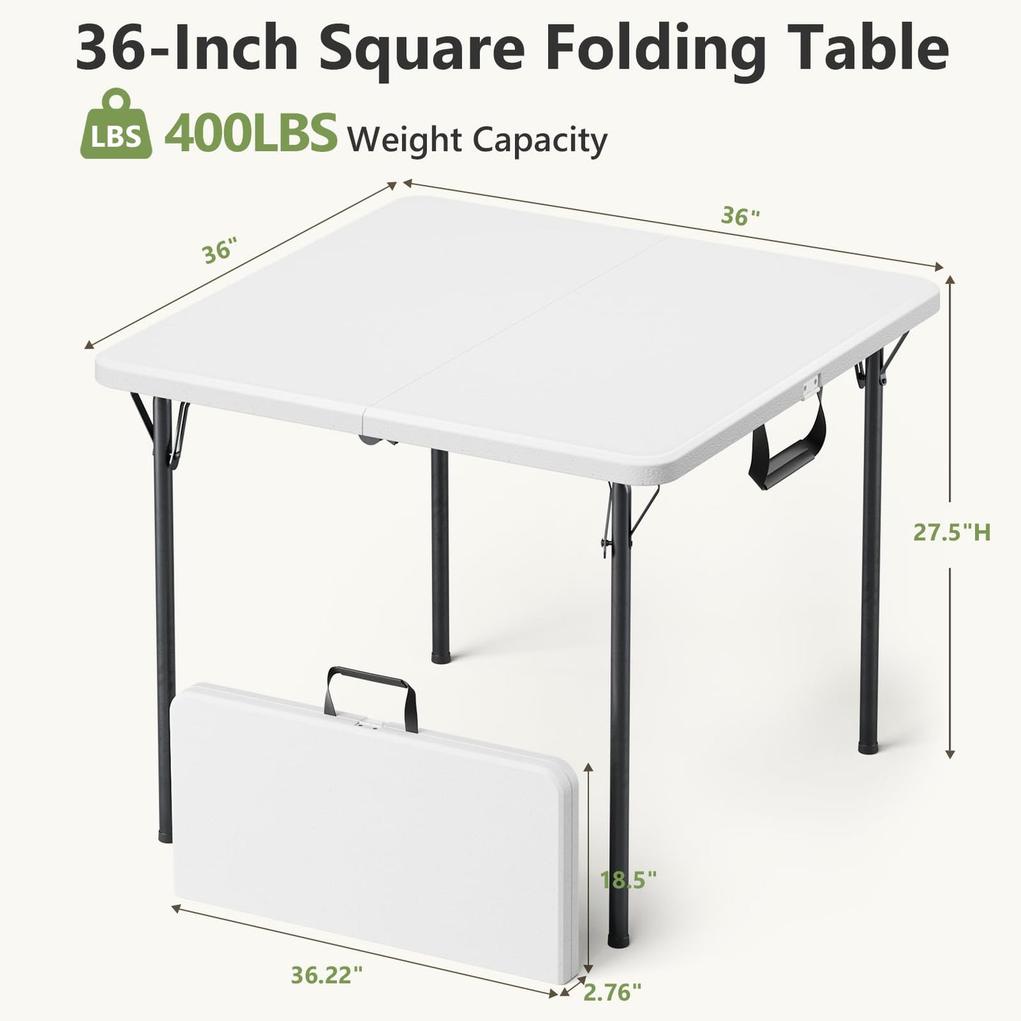 Folding Table 2 Pack, 36 Inch Square Foldable Card Tables, No Assembly Portable Folding Tables, Heavy Duty Fold-in-Half Tables with Carry Handles for Camping, Picnic, Parties, RV Travel & Indoor Use