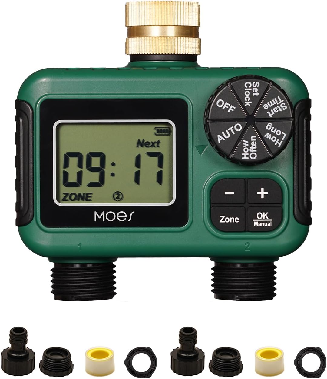MOES 2 Zone Sprinkler Timer - Programmable Automatic Irrigation Controller with Brass Inlet & Rain Delay