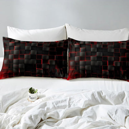 Manfei Abstract Sheet Set Full Size, Modern Geometric Square Grid Bedding Set for Kids Boy Girl Room Decor, Red and Black Bed Sheet Set 4pcs with Deep Pocket Fitted Sheet + Flat Sheet + 2 Pillowcases