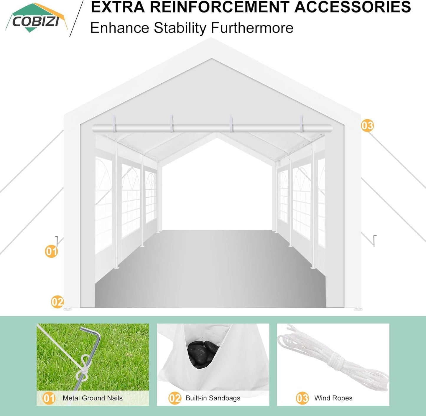 COBIZI 10x20FT Party Tent Heavy Duty for Parties, Large Outdoor Gazebo with Removable Sidewall & Built-in Sandbag, Powder Coating (Better Than Galvanized), Waterproof for Church & Wedding, Pure White