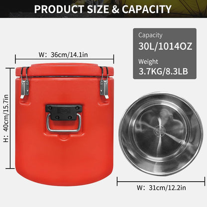 Plieren Insulated Soup Container Commercial Food Warmer for Hot or Cold Food,7.9 Gallon Hot Box for Catering, Food Cooler with 4 Buckles, Handles, & Spoon, Soup Carrier for Restaurant, Canteen, Home