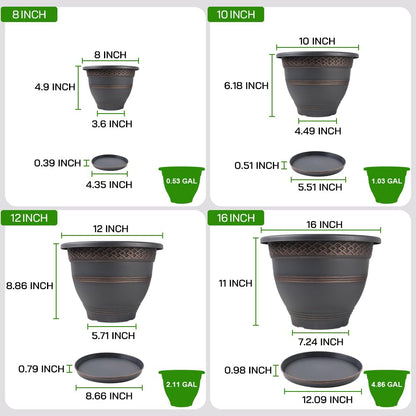 Usocik 4 Pack 16 Inch Large Plant Pots, Plastic Flower Pot for Indoor & Outdoor with Drainage Holes & Saucer, Plaid Pattern Planters Garden Pots for Herbs