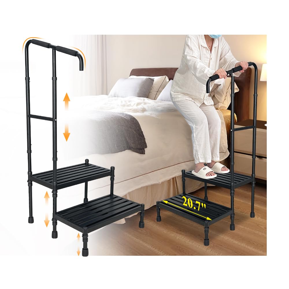 Bed Steps for High Beds for Adults Medical Step Stool with Handle Elderly Handicap Bedside Step Safety Car Step Stool with Handrail 2 Step Platforms Heavy Duty Foot Stool for RV, Kitchen, Bathtub