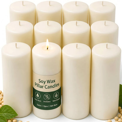 12 Pack Creamy White Soy Wax Pillar Candles 2x6 in, Unscented Decorative Candles, 600h Total Burn (50h Each), Clean Burning, Smokeless & Dripless for Wedding, Fireplace, Home Decor & Dinner Table