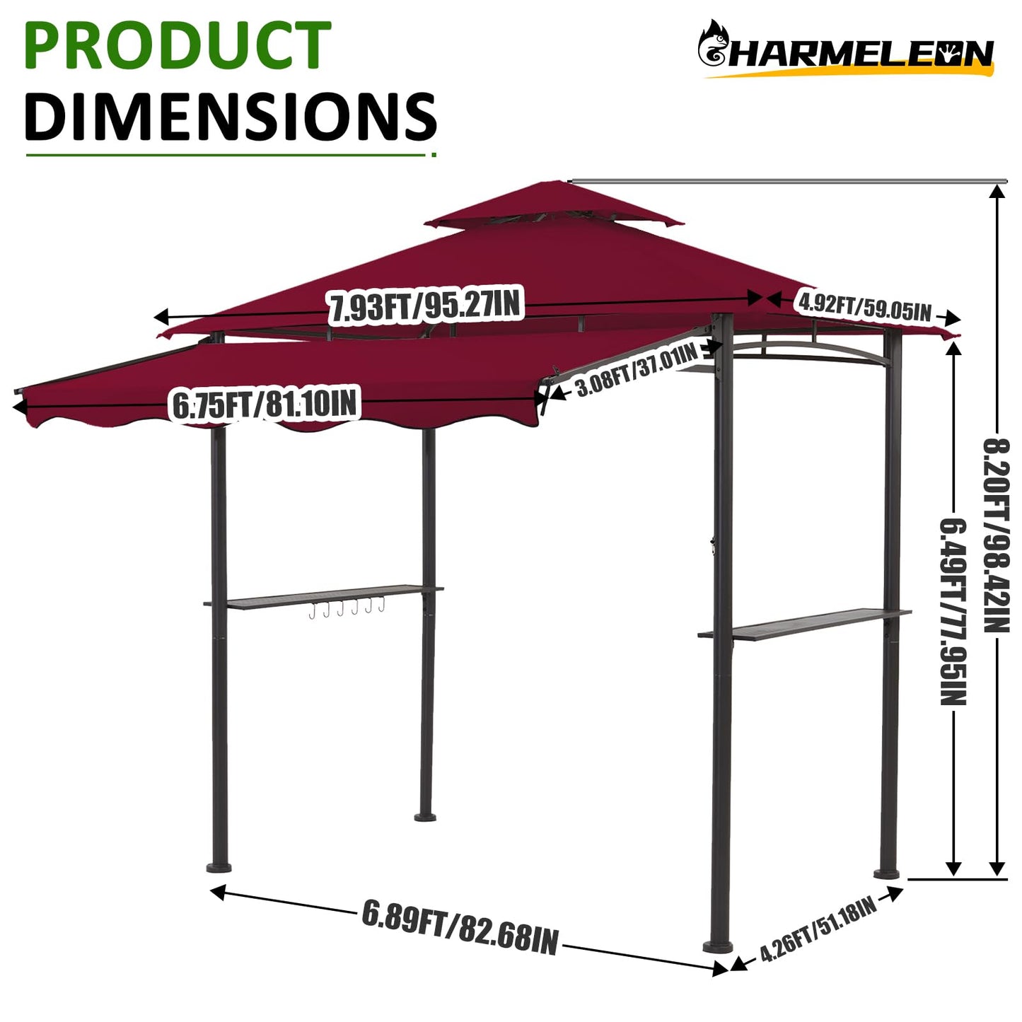 CHARMELEON 8x8 FT Grill Gazebo,Grill Canopy with Big Awning&2 Side Shelves&6 Hooks,Powder-Coated Steel BBQ Shelter for Patio Backyard Outdoor Grilling-Burgundy