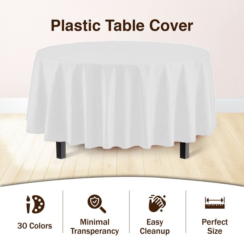 Exquisite Party Solids 6-Pack Premium Plastic Tablecloth 84in. Round Plastic Table Cover - White