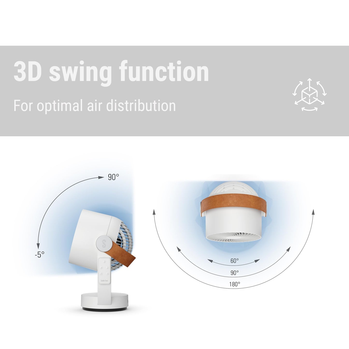 Stadler Form 3D air circulator Leo, fan with horizontal and vertical swing mode, wide range of up to 26 feet, white with remote control