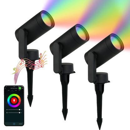 MULANDI Smart Landscape Lighting, 3 Pack RGBW Color Changing LED with App Control Waterproof Spotlight, Outdoor Yard Spot Lights with 36W Transformer & Timer, LED Lawn Light with Music Sync