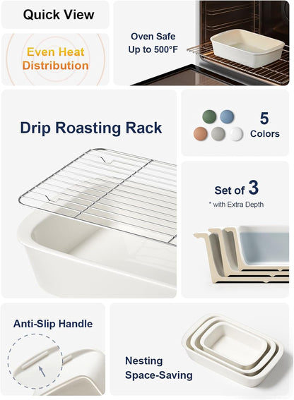 LE TAUCI Deep Casserole Dishes Set - 3-Piece Ceramic Baking Dish Set with Handles, White (4.6QT/3.0QT/1.6QT)