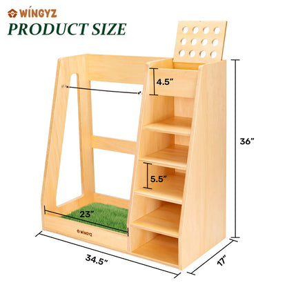 WINGYZ Premium Birch Plywood Golf Bag Storage for 2 Bags | 36lb Rock-Solid Golf Bag Organizer | 7-Shelf Command Center | Artificial Turf 12-Ball Display | No Wall Mounting Required (Natural)
