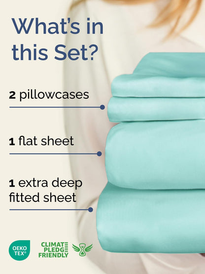 Skiennix Extra Deep Twin Sheet Set - 4 Piece Breathable Cooling Bedding - Soft Wrinkle-Free Spa Blue