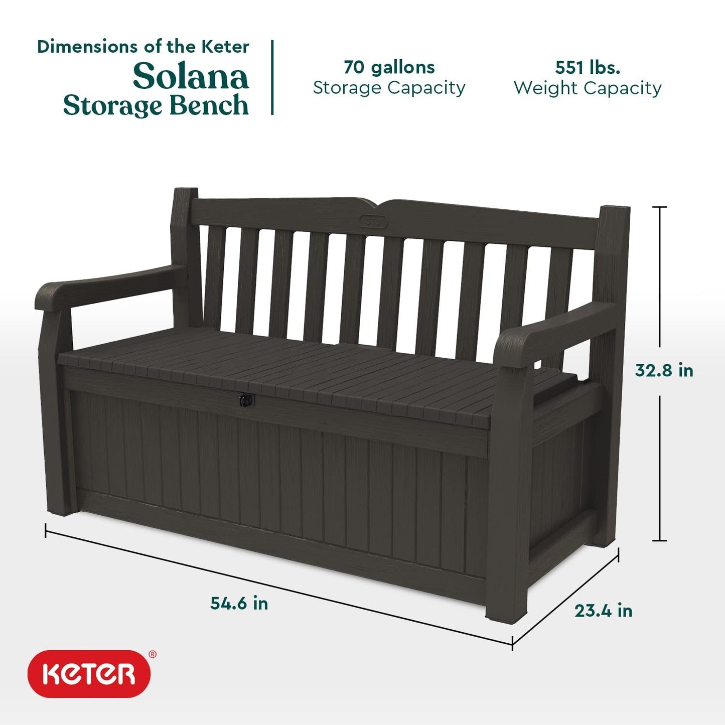 Keter Solana 70 Gallon Storage Bench Deck Box for Patio Furniture, Front Porch Decor and Outdoor Seating – Perfect to Store Garden Tools and Pool Toys, Brown/Brown