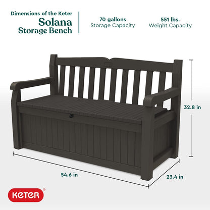Keter Solana 70 Gallon Storage Bench Deck Box for Patio Furniture, Front Porch Decor and Outdoor Seating – Perfect to Store Garden Tools and Pool Toys, Brown/Brown