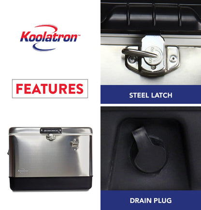Koolatron Ice Chest Cooler - Portable Ice Bucket with Bottle Opener, Vintage Style, Insulated for Camping, Beach, Picnic, RV, BBQs, Tailgating, Fishing, Stainless Steel 85 Can Ice Box, 51L (54 qt)