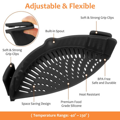YEVIOR Clip on Strainer for All Pots Pan,Silicone Pasta Strainer Kitchen Gadgets,Collapsible Colander for Noodle,Vegetables,Fruit,Spaghetti (Grey)