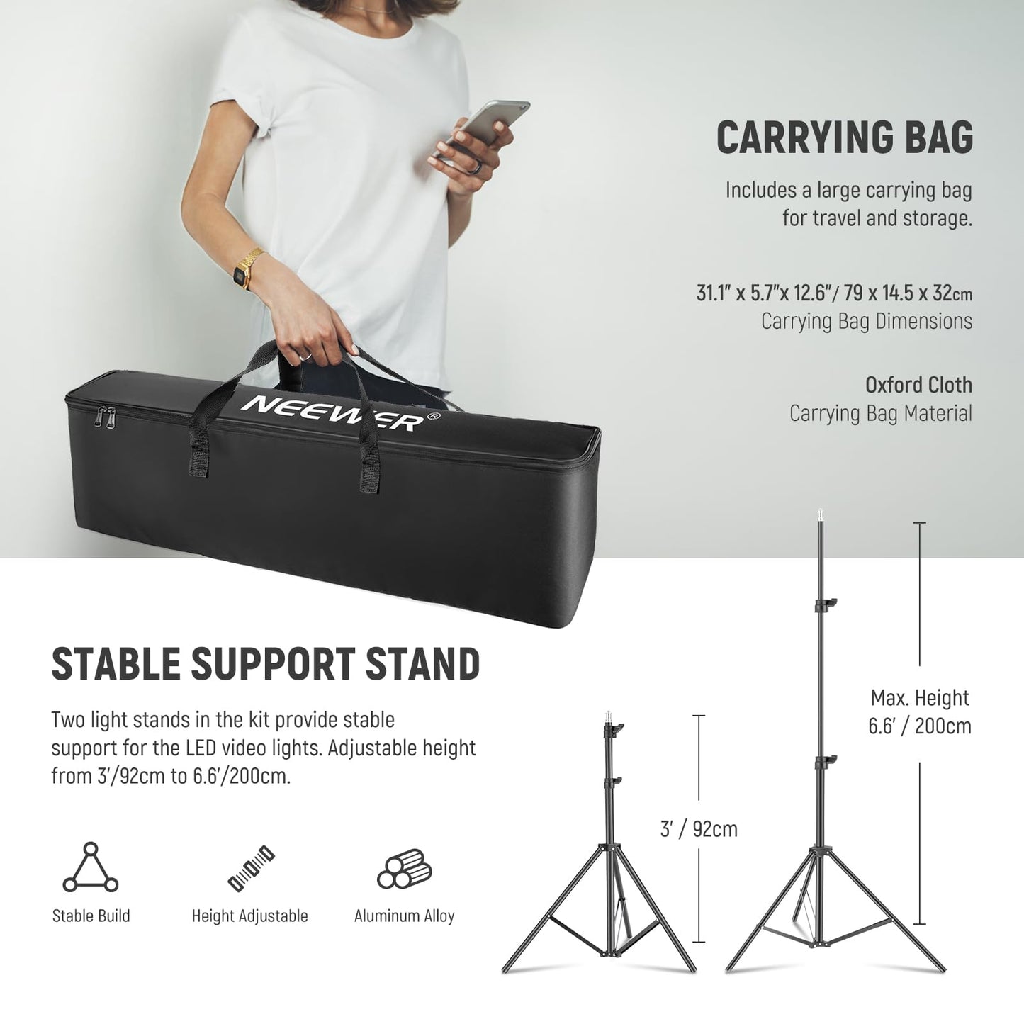 NEEWER Upgraded 660 PRO II RGB LED Video Light with App Control & Tripod Stand Kit, 2 Pack 50W/1% Min Dimming/CRI97+/3200-5600K for Game Streaming YouTube Studio, Bluetooth
