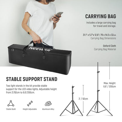 NEEWER Upgraded 660 PRO II RGB LED Video Light with App Control & Tripod Stand Kit, 2 Pack 50W/1% Min Dimming/CRI97+/3200-5600K for Game Streaming YouTube Studio, Bluetooth