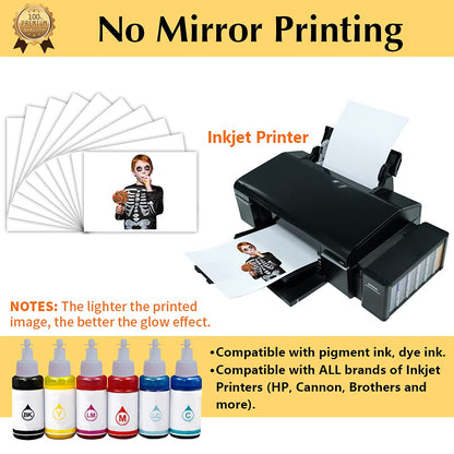 TransOurDream Luminous Heat Transfer Paper for T Shirts (10 Sheets, 8.5x11'', Glow 2.0) Printable Heat Transfer Vinyl for Inkjet Printer Iron on Transfers for Light & Dark Fabrics (TRANS-GD2-12)