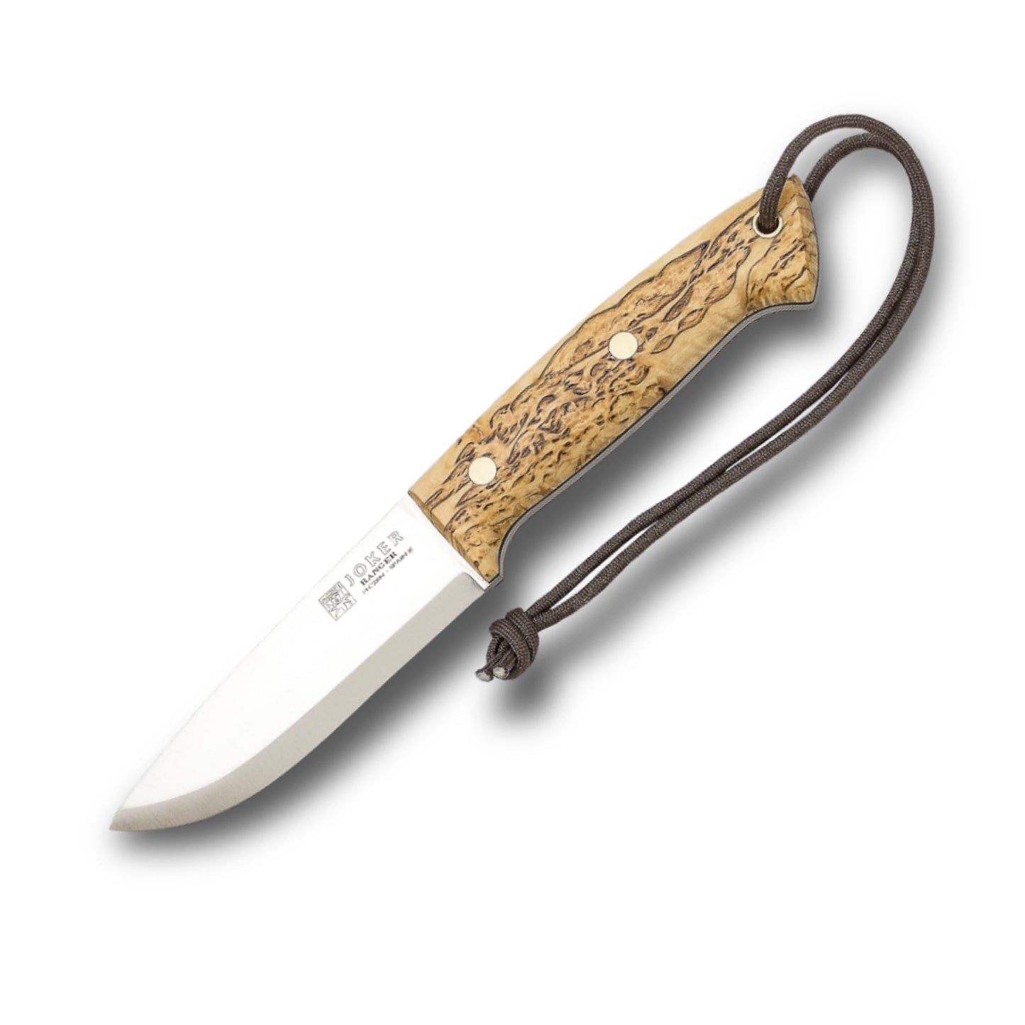Joker Ranger CL143 Bushcraft Knife, 11 cm Sandvik 14C28N Fixed Blade, Curly Birch Wood Handle, Brown Leather Sheath, Camp Craft Knife for Backpacking, Camping, Survival and Hunting