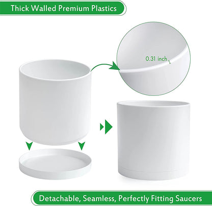 D'vine Dev 10 Inch Plastic Planter Pots for Plant Pot with Drainage Hole and Seamless Saucers, White Color, 74-X-A-2