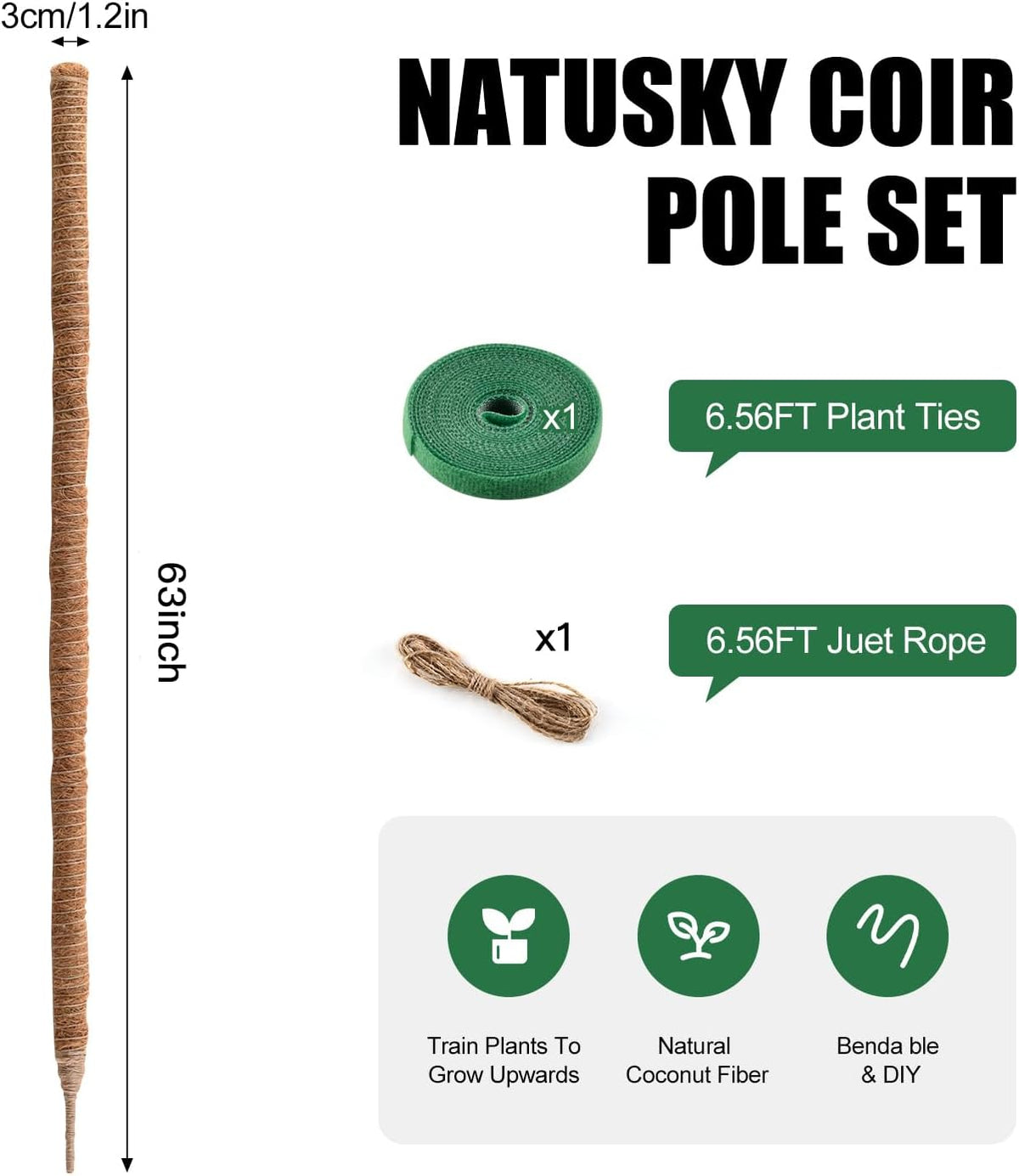 Skiennix 63-Inch Bendable Moss Pole - Handmade Coco Coir Support for Climbing Plants