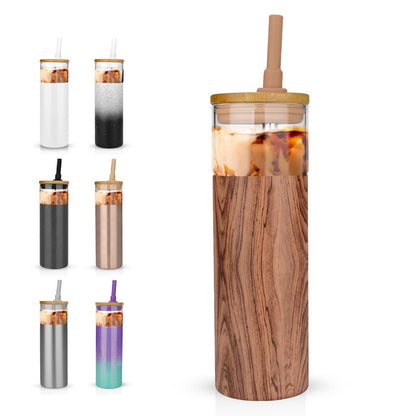 Tronco 20 oz Vacuum Insulated Glass Tumbler with Lid and Straw - Keeps Drinks Cold for 12 Hrs - Reusable Glass Cup for Iced Coffee, Smoothies & Boba - Sweat & BPA Free, Dishwasher Safe, Fit Car Holder