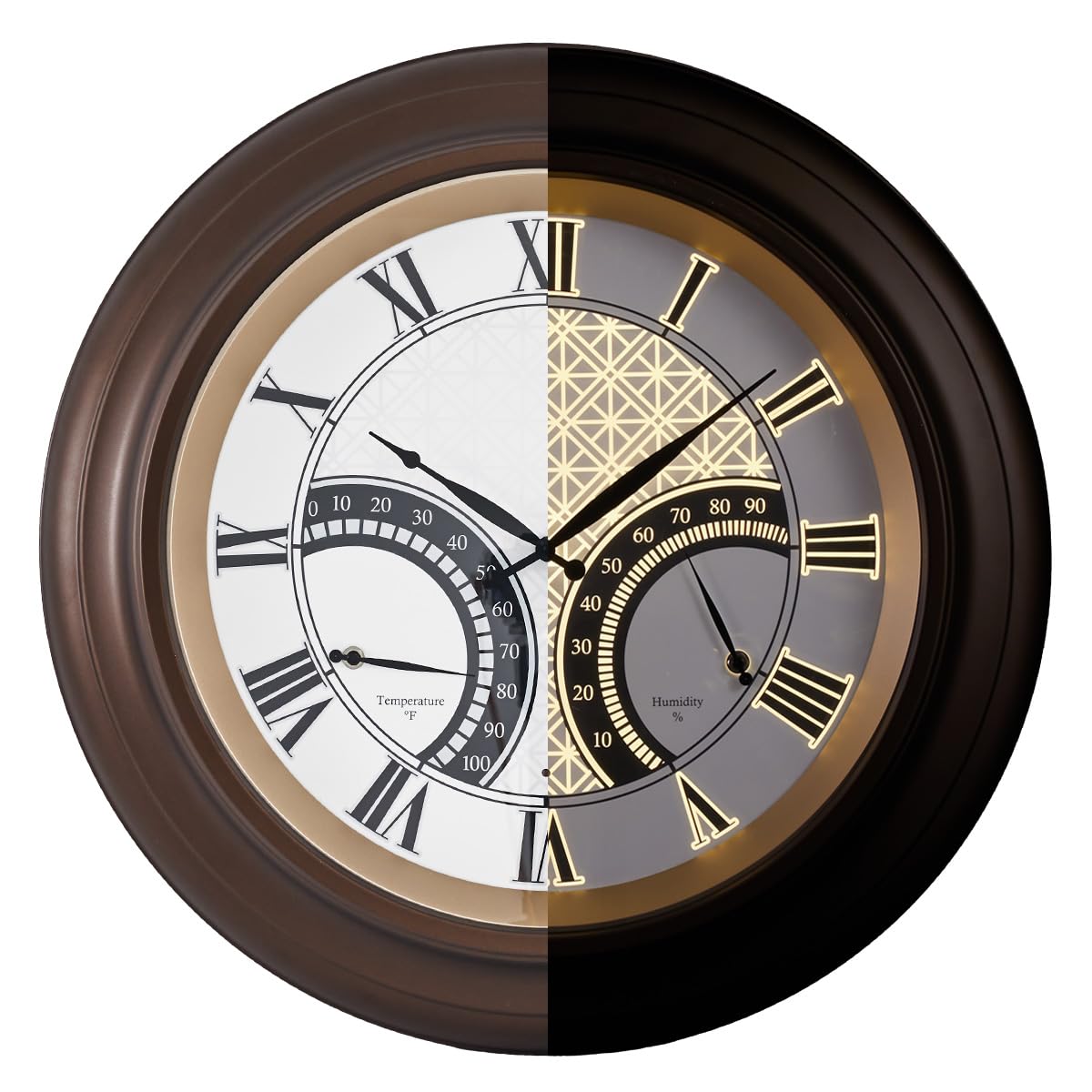 ANDY STAR 24 Inch Outdoor Clocks Waterproof,Large Outdoor Wall Clocks for Patio with Thermometer Combo, Silent Weatherproof Illuminated Metal Clock Battery Operated with Thermometer&Hygrometer, Bronze