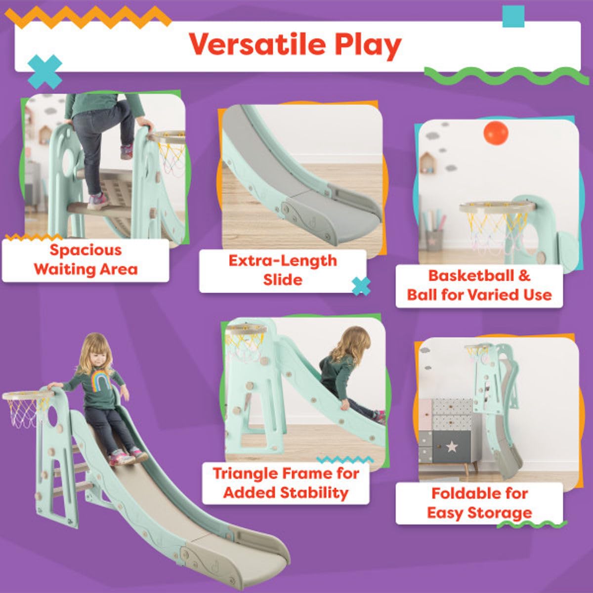 Toddler Slide with Basketball Hoop and Ball - Indoor and Outdoor Play Equipment for Kids Age 3 and Up - Foldable Plastic Climber Slide Playset Toys by Hey Play (Blue)