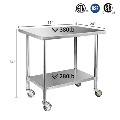 STABLEINK NSF Stainless Steel Table with Wheels 36x24 Inches 3ft, Metal Prep & Work Table with Adjustable Undershelf, for Commercial Kitchen, Restaurant, Laundry, Hotel and Garage
