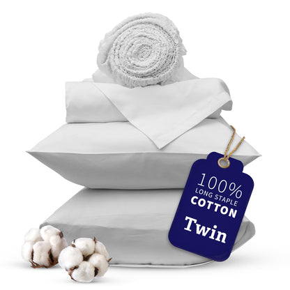 bluebobbin 4 Piece Sheet Set 100% Long-Staple Cotton Twin Sheet Set Luxurious Sateen, Soft Breathable and Durable All Season Hotel Luxury 16-Inch Deep Pockets with Envelope Pillowcases – White
