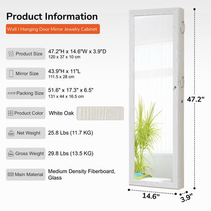 GISSAR Jewelry Mirror Armoire Wall Mount Over The Door Mirror Jewelry Cabinet Storage Mirror Organizer Lockable Full Length Door Mirror(White Oak)