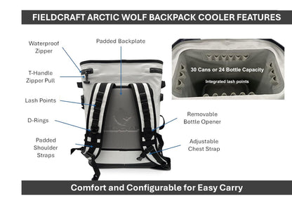 Hypalon TPU Insulated Cooler Backpack Leakproof Waterproof Cooler Bag, Arctic Wolf by Fieldcraft for Travel Sports, Beach, Outdoor Activities, Fishing, Hiking, Camping, and Hunting,