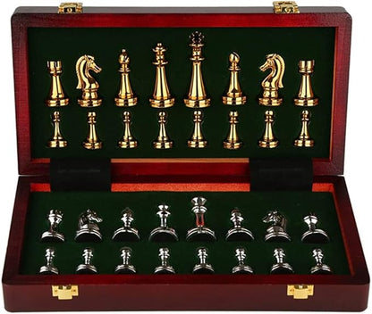 11Inch Large Deluxe Metal Chess Set - Portable Wooden Box with Alloy Pieces Folding Board Ideal for Adults
