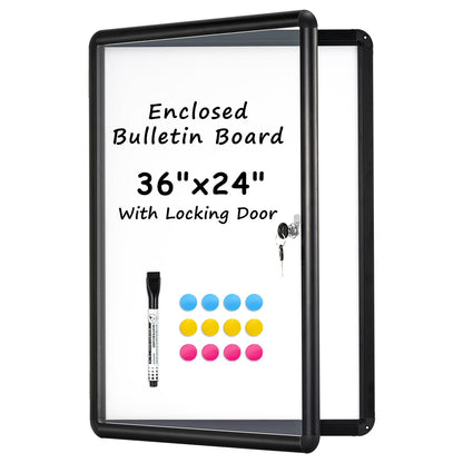 Enclosed Bulletin Board, 36"x24" Enclosed Bulletin Board with Locking Door Outdoor Weatherproof Enclosed White Board, Black Aluminium Frame Enclosed Whiteboard for School, Office, Venue, Hospital