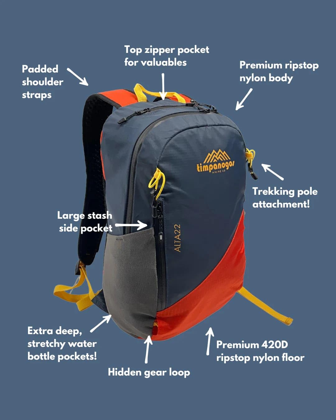 Timpanogos Elevation 22L Hiking Backpack, Lightweight Daypack for Men & Women made with Water-Resistant Ripstop Nylon, Hydration Compatible comes with Ergonomic Straps for Camping and Travel (Alta)