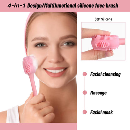 Silicone Facial Cleansing Brush 3 Pack, Beomeen 4 in 1 Handheld Face Scrubber for Deep Gentle Exfoliating, Double-Ended Face Wash Scrub Brush for Face Skincare and Massage (Green)