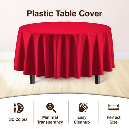 Party Solids Pack Of 6 Premium Plastic Tablecloth 84 Inch Round Plastic Table Cover - Red