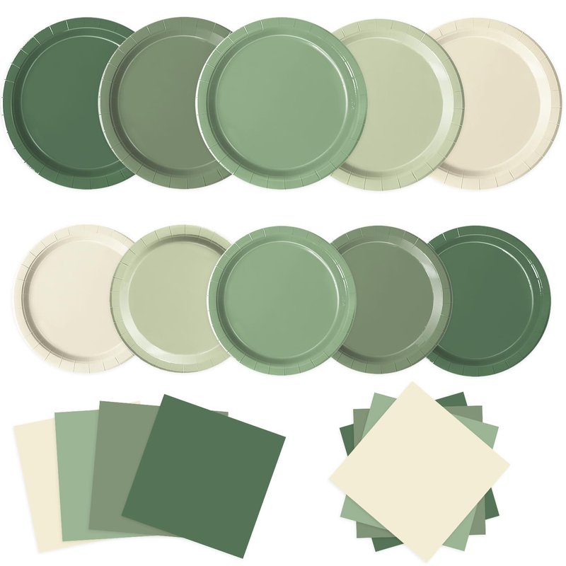 Oigco 60 PCS Sage Green Paper Plates, Sage Green Birthday Decorations, Gradient Plates and Napkins for Birthday Wedding Bridal Baby Shower Party Supplies