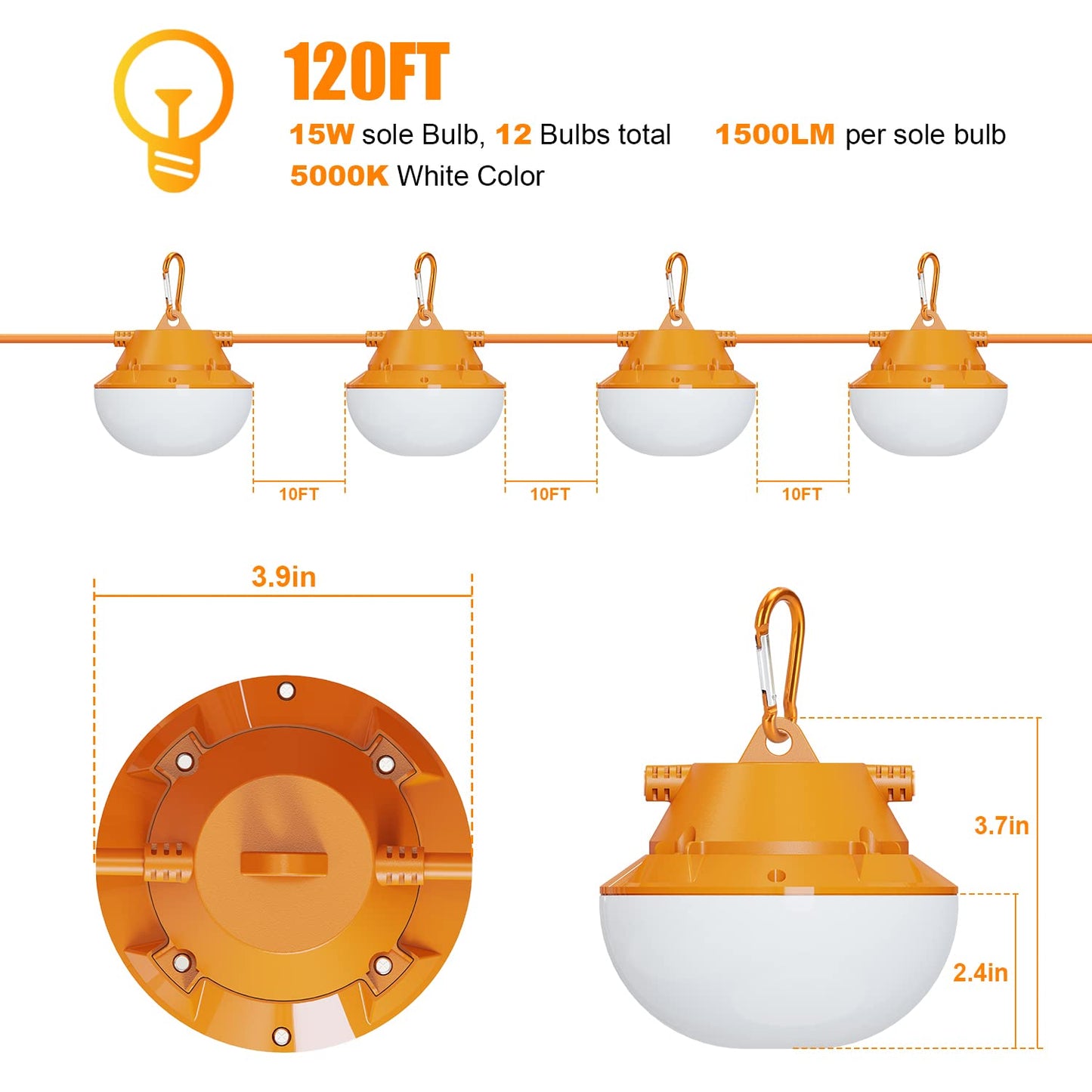 RIUVAO 120FT Construction String Lights 180W String Work Light for Construction Jobsites, 18000Lumen Temporary Construction Work Lighting for Wide Application