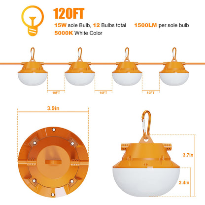 RIUVAO 120FT Construction String Lights 180W String Work Light for Construction Jobsites, 18000Lumen Temporary Construction Work Lighting for Wide Application