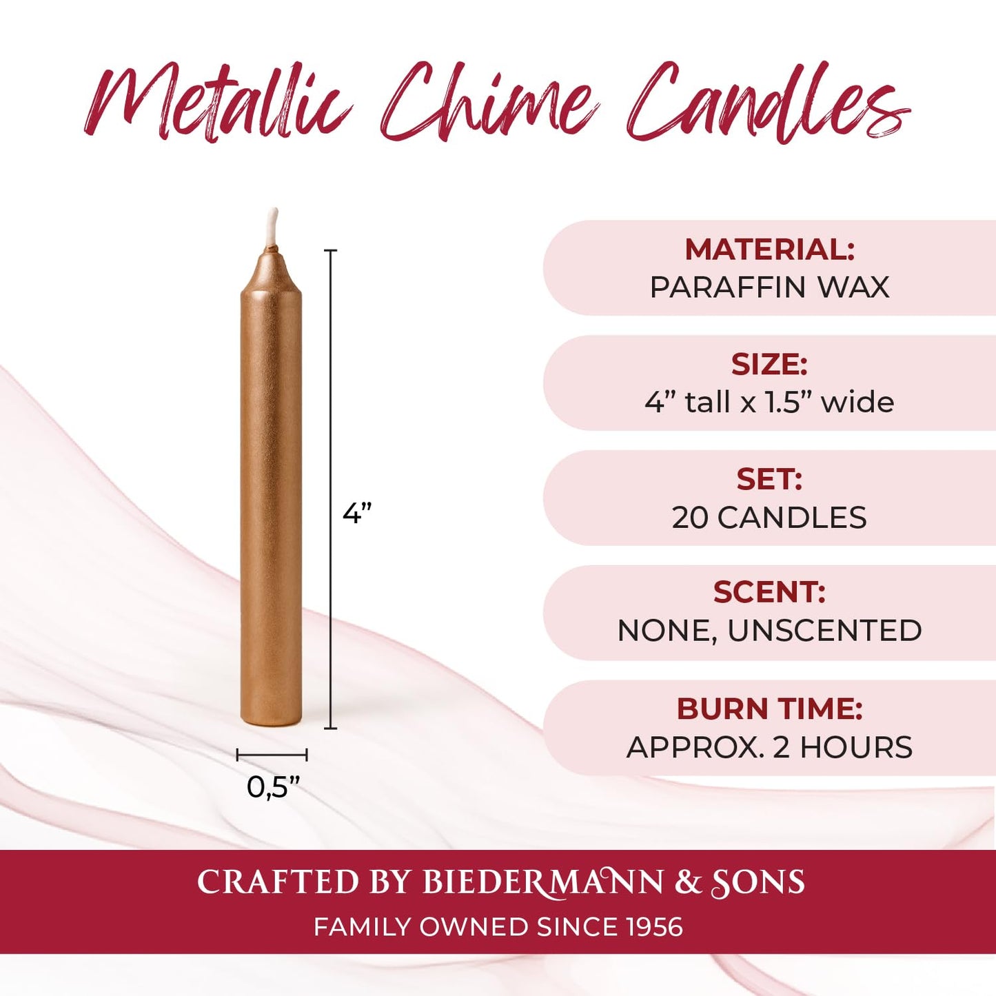 Biedermann & Sons Gold Metallic Chime Candles, 20 Count Box, 4 Inch Tall 0.5 Inch Diameter, Dripless Paraffin Wax, 2 Hour Burn, Fits Rotating Angel Chime Carousels and Chime Holders