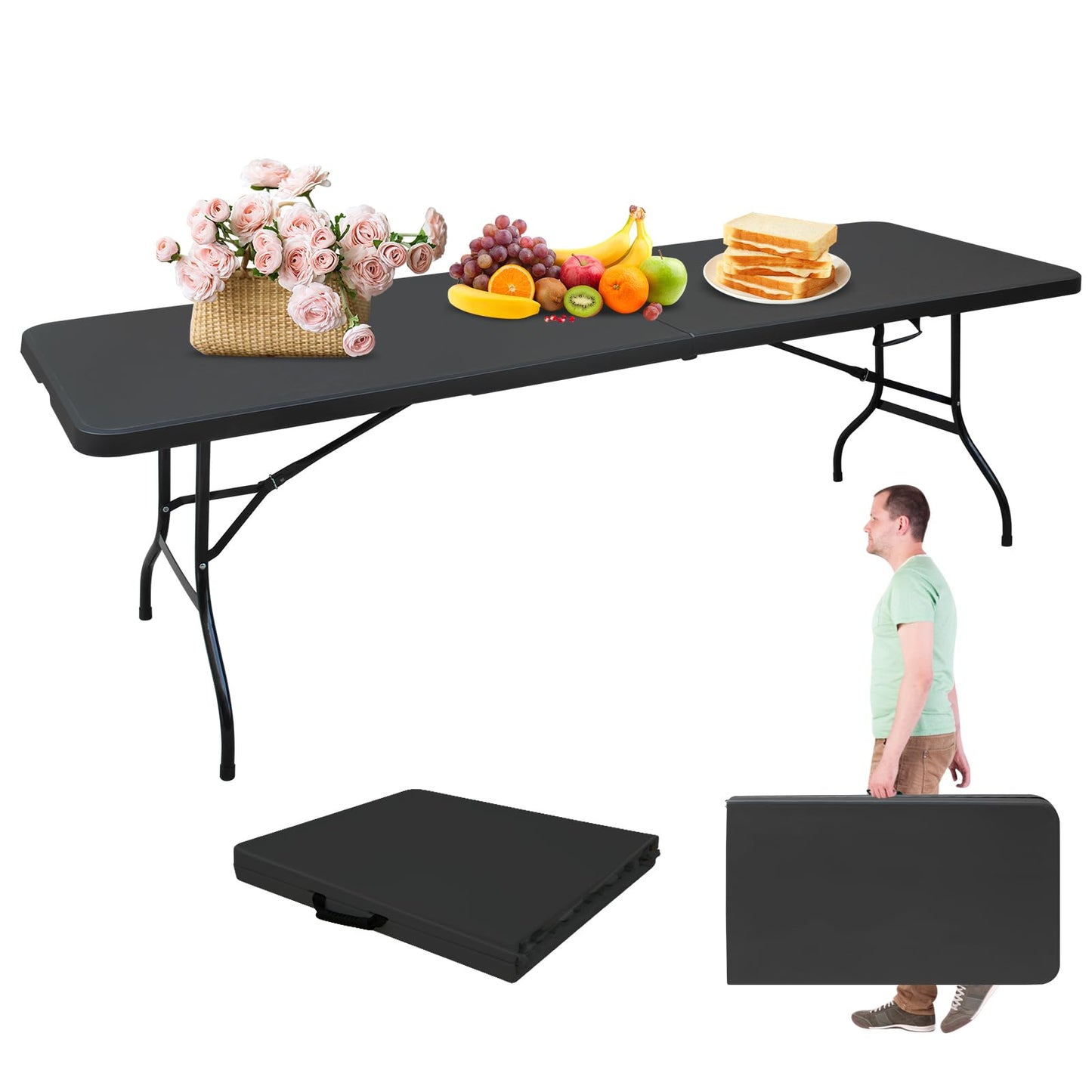 LSKSSNG Portable 8Ft Folding Table, Heavy Duty Plastic Fold-in-Half Utility Foldable Dining Table, Multi-Purpose Plastic Folding Table with Carrying Handle for Camping and Party Indoor/Outdoor (Black)